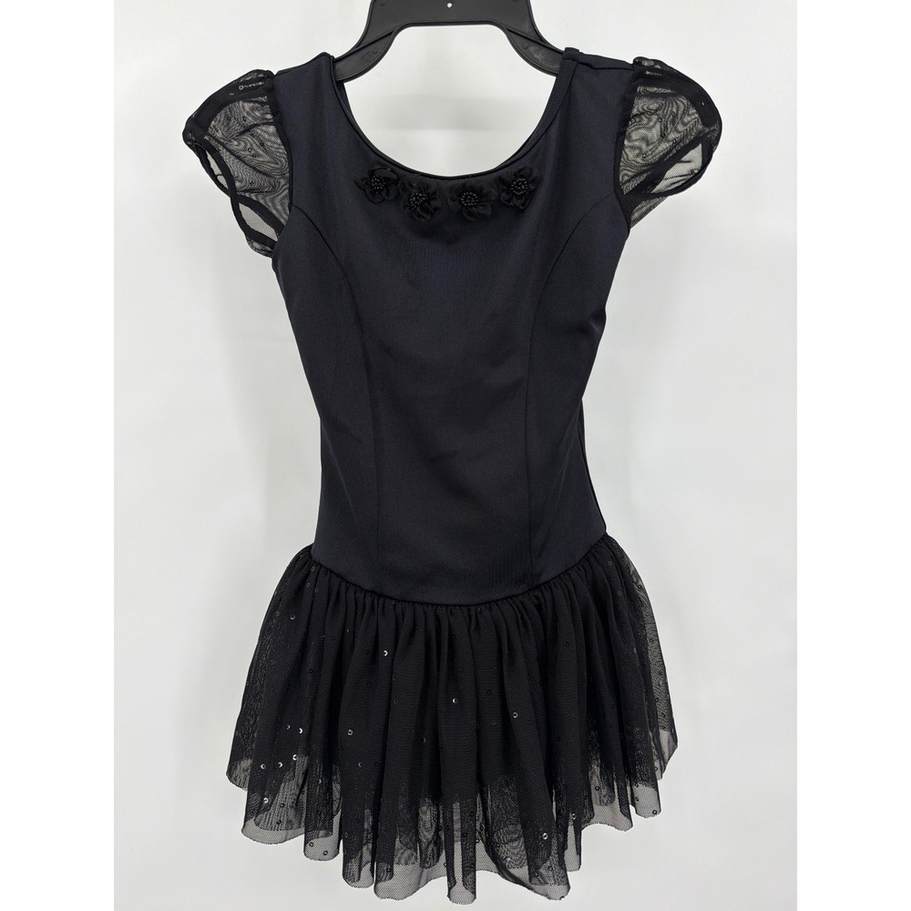 Capezio Kids Black Tutu Leotard Dress Floral Sequin Mesh Cap Sleeve Size I‎